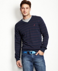 A striped sweater from Nautica cut in a v-neck is a sleek seasonal layering item.