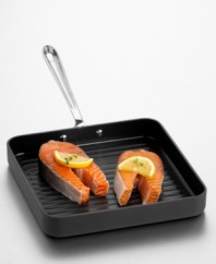 Throw another shrimp, burger or steak on the grill. This handsome grill pan is constructed of heavy-gauge, hard-coat anodized aluminum for durability and even heat distribution. With a nonstick interior for optimum release and easy cleaning. Solid cast stainless steel handle is double riveted. Lifetime warranty.