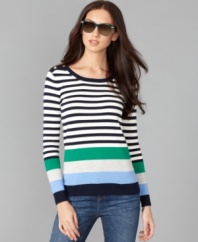 Stay cozy in a slim sweater silhouette with this number from Tommy Hilfiger. Goldtone buttons at the shoulders and colorblocked stripes are simply chic.