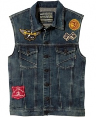 Rev up your wardrobe. Break out into biker gear with this edgy denim vest from Ring of Fire.
