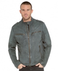 Roughen up. Add some edge to any outfit with this cool leather moto jacket from Marc New York.