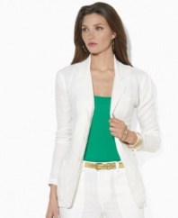 A tailored silhouette lends elegance to this Lauren by Ralph Lauren three-button jacket, designed for season-spanning style in lightweight linen.