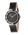 A very chic, streamlined watch by Marc Jacobs, with a patent leather strap and a ceramic black dial. Logo letters on bezel serve as markers. Stainless steel case with black enamel. Japanese precision quartz movement. Water resistant to 30 meters.