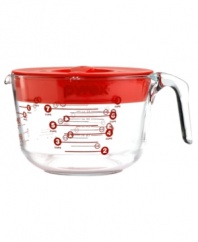 The essential companion for every precision space. This oversized glass measuring cup features easy-to-read markings on the inside and outside of the cup, so you always have a great read on the task at hand. A sturdy handle makes it simple to mix, measure and pour, while the included BPA-free lid lets you store leftover batter for later. 2-year warranty.