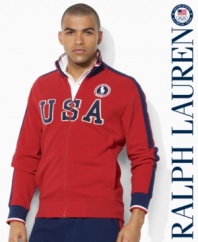 Accented with bold country embroidery to celebrate Team USA's participation in the 2012 Olympics, a full-zip mockneck jacket in breathable cotton piqué exudes casual comfort and style in an updated trim fit.