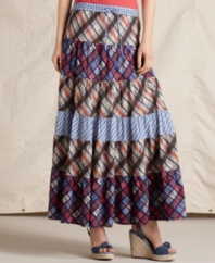 Max out on boho-chic style with this full-length skirt from Tommy Hilfiger. Mixed plaid panels rendered from 100% cotton lend a laid-back look to this summery essential!