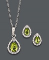 Add a healthy glow to your look. Pear-cut peridots (1-1/5 ct. t.w.) shine amidst sparkling diamond accents in Victoria Townsend's spectacular pendant and earring set. Crafted in sterling silver. Approximate length: 18 inches. Approximate pendant drop: 11/16 inch. Approximate earring drop: 5/16 inch.
