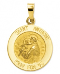 Commemorate the patron Saint of animals. This intricate medal charm features a divine depiction, as well as the words: Saint Anthony Pray For Us in 14k gold. Chain not included. Approximate length: 9/10 inch. Approximate width: 3/5 inch.