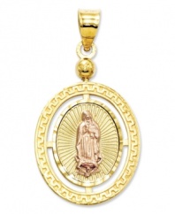This stunning charm combines two religious themes in one. One side features Guadalupe, while the other depicts Ecce Homo, or literally, Behold the Man. Crafted in 14k gold, 14k rose gold and sterling silver. Approximate length: 1-3/10 inches. Approximate width: 7/10 inch.