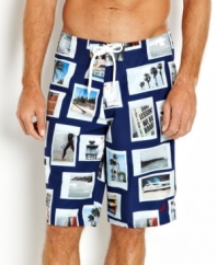 Lace up in these boardshort swim trunks from Nautica and crash the waves in classic style.