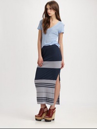 Boldly striped maxi skirt has a comfy elastic waistband and a sultry side slit. Elastic waistbandSide slitAbout 37 from natural waist58% polyester/21% model/21% supimaMachine washMade in USAModel shown is 5'10 (177cm) wearing US size 2.