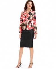Le Suit's skirt suit looks extra luxe with a shantung texture and a floral jacket with jewel-like buttons.