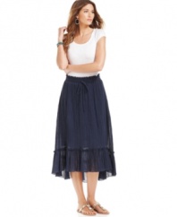 Bring back bohemian chic in NY Collection's crinkled midi skirt. The high-low hem makes it a fresh twist on a classic favorite.