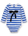 Channel quirky-cool Parisian chic with this charming striped and bow print bodysuit from Pearls & Popcorn.