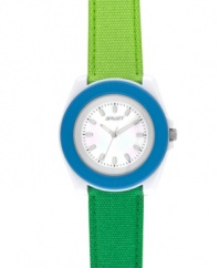 Go green in style with this eco-friendly watch by Sprout. Light and dark green organic cotton strap and round white corn resin case with blue bezel and mineral crystal. Natural mother-of-pearl dial features applied silver tone stick indices, black printed minute track, three silver tone hands and logo. Quartz movement. Limited lifetime warranty.