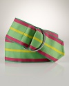 A vibrant neon-striped grosgrain ribbon belt is crafted in a chic ultra-wide silhouette with burnished double D-rings for a chic, preppy finish
