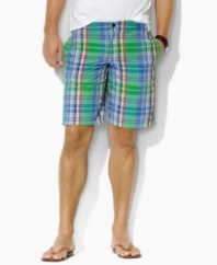 The classic-fitting Avalon swim short is rendered in quick-drying cotton-nylon with a preppy plaid pattern for casual style.