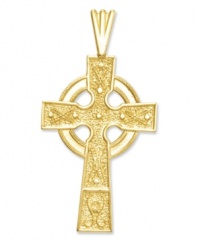 A hint of faith and a little Celtic inspiration, too. This beautifully-crafted cross charm features a cut-out and textured design in 14k gold. Chain not included. Approximate length: 1-3/10 inches. Approximate width: 7/10 inch.