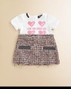 A sweet heart print tee on top and a chic, chunky tweed below create a charming combination for your young style maven.Round necklineShort sleevesFront screenBack buttonsTweed skirt frayed at waist and hemFaux pocket openings54% cotton/38% viscose/6% polyamide/2% acetateDry cleanImported