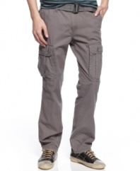 Casual style and storage. The subtle checked pattern and slim style add a modern look to these cargo pants from DKNY Jeans.