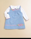 A precious corduroy, A-line design with polka dots, ric-rac trim and flower appliqués for your little fashionista.SquareneckShoulder straps with back button closurePleated bodiceCottonMachine washImported