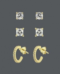 No matter the occasion -- B. Brilliant's got your accessorizing needs covered! This stylish three pair earring set features one pair of round-cut cubic zirconia studs (1/2 ct. t.w.), one pair of square-cut cubic zirconia studs (1/2 ct. t.w.), and three-quarter hoops decorated with cubic zirconias (1/3 ct. t.w.). Set in 18k gold over sterling silver. Approximate round diameter: 4 mm. Approximate square diameter: 4 mm. Approximate hoop diameter: 1/2 inch.
