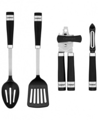 Stock up & save time in the kitchen. This comprehensive set, which includes slotted spoon, slotted turner, can opener and peeler, covers all the basics in your space. Crafted from stainless steel with comfort grips, each piece is dishwasher safe for easy cleanup.
