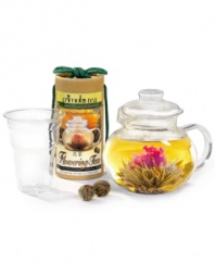 The art of tea-bring every flavorful pot into bloom with uniquely crafted green tea flowers, which unfurl to create a garden romance in the stunning, simplistic hand-blown glass teapot. Including everything you need for a charming tea time, this set is a magical gift for tea lovers, hostesses, friends and more.