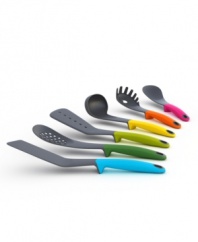 Colorful and convenient, this set includes all of the cooking essentials to put your kitchen in working gear. The unique design of each tool keeps mess to a minimum with a weighted handle system that prevents the head of each utensil from ever touching the countertop, so germs, drips and spills are no more. 3-year warranty.