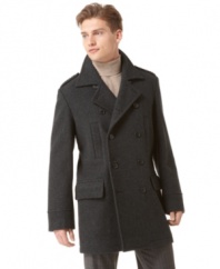 The only one you need. This double-breasted coat from Kenneth Cole stays ready, weather or not.
