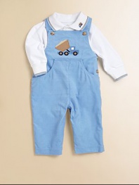 Crafted in classic corduroy, this one-piece overall design has a handsome dumptruck appliqué.SquareneckShoulder straps with button closureSide buttonsSlash pocketsBottom snapsFully linedCottonMachine washImported Please note: Number of buttons and snaps may vary depending on size ordered. 