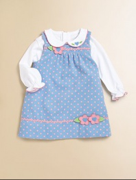 A precious corduroy, A-line design with polka dots, ric-rac trim and flower appliqués for your little fashionista.SquareneckShoulder straps with back button closurePleated bodiceCottonMachine washImported