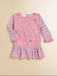She'll be snug and stylish in this knit frock with ruffled trim, floral embroidery, stripes and polka dots.Round necklineLong sleeves with ruffled cuffsBack keyhole buttonDrop-waistRuffled hemAcrylicMachine washImported