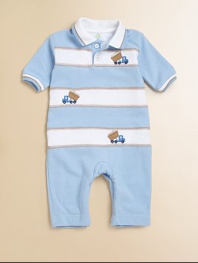 A dapper one-piece for baby in ultra-soft cotton with contrasting stripes and embroidered dumptrucks.Shirt collarShort sleevesButton frontBottom snapsCottonMachine washImported Please note: Number of buttons and snaps may vary depending on size ordered. 
