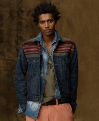 Capturing the essence of a well-worn favorite and combining it with the spirit of the American southwest, this Serape-accented denim jacket exudes a worldly, vintage-inspired feel.