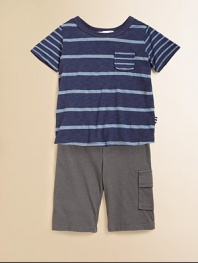Dapper stripes with convenient patch pocket atop solid cargo-style pants, both in soft knit for stylish comfort and ease. Tee:CrewneckShort sleevesPullover styleFront patch pocket Pants:Elasticized waistOne side cargo pocket35% supima cotton/30% rayon/25% cottonMachine washImported