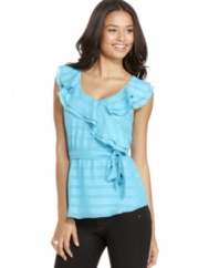 Commit 100% to adorable style with this striped and ruffled top from BCX – a dainty companion to your trusty jeans!