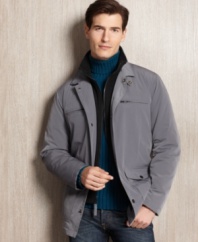 Singing in the rain! Stay comfortable and stylish even in the wet weather with this water-resistant jacket from Perry Ellis.