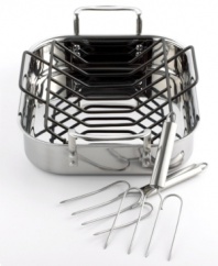 Brilliant good looks. Perfect gourmet results. Combining the long-lasting radiance of stainless steel with the superior  performance of a highly conductive, heavy-gauge aluminum core, the Calphalon Tri-Ply roaster makes it easy to prepare moist, mouthwatering meals for the holiday -- or just every day! Lifetime warranty.