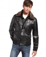 Take a ride into the danger zone in this top gun styled pleather jacket with fur collar from American Rag. (Clearance)