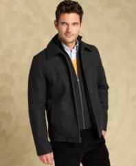 Secure your style with this wool-blend Melton jacket from Tommy Hilfiger, a sleek open-bottom look with bib styling.