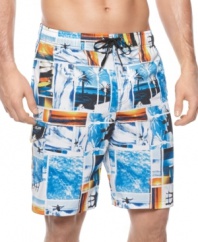 Dreaming of paradise. Slip into these ultra-lightweight graphic swim trunks from ZeroXposur and you'll be instantly transported to your ideal destination.