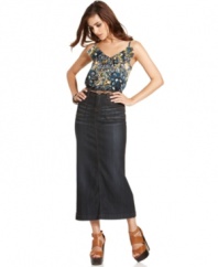 Maximize bohemian style in Buffalo David Bitton's denim maxi skirt, featuring a slim fit and sultry slit in the back. A whiskered and weathered wash gives it a vintage vibe you'll love!