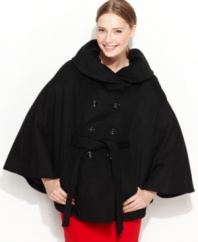 Calvin Klein's elegant cape is also surprisingly flattering. The dramatic swing silhouette compliments all figures, while the belt defines the waist.