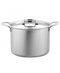 A professional promise. A must-have for making masterpiece meals, this covered stockpot features high sides that slow the evaporation of liquids when creating stocks, a wide bottom for sauteing ingredients for stews and soups and a versatile design for canning, blanching and prepping large meals for guests. Five alternating layers of aluminum and stainless steel promote even heating and eliminate hot spots. Lifetime warranty.