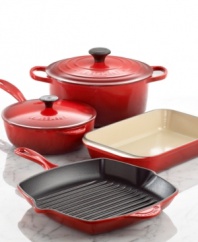 Learn to cook French. A charming mix of style and design, this cast iron collection equips your kitchen with incredible precision, performance and control. Advanced sand-colored enameled interiors exhibit superior heat distribution and retention, while colorful, durable exteriors resist the wear and tear of a busy space.  Lifetime warranty.