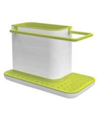 A neat & tidy solution to keeping clean at the sink. With a main compartment for dish soap and brushes, a hanging rail for damp dishcloths and a sponge plate with concealed water reservoir perfect for draining, this smart addition makes organization a given.