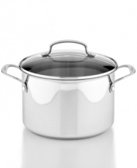 Stay in & dish out delicious meals. From soups to stews to stocks, this professional, dishwasher-safe pot takes on a range of recipes and delivers a whole new kind of versatility to your space. Crafted from durable stainless steel with cool-grip handles, this stockpot features a glass cover for easy monitoring and flavor- and moisture-rich results. Lifetime warranty.