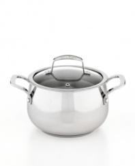 Soup weather? Prep quick, dish it out & clean up easily with this stainless steel dishwasher-safe kitchen essential. With an aluminum encapsulated impact-bonded base, this pot heats up fast & evenly with a bell-shaped body that enhances moisture circulation for tender, flavor-rich results. Limited lifetime warranty.