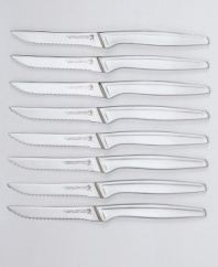 Slick and sleek with clean lines, the blades in this eight-piece knife set never need sharpening thanks to a serrated cutting edge. Continuous stainless steel blades and handles resist corrosion. One-piece construction assures dependability. Dishwasher safe. Lifetime warranty. Model 3909-800.